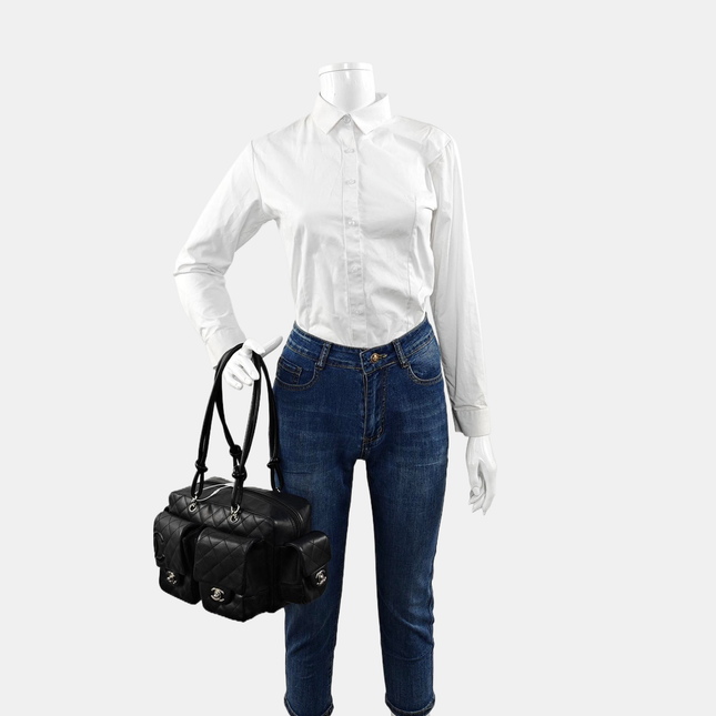 Chanel Cambon Multi-pocket Ligne Reporter Bag Medium Black CC on Black Calfskin Leather