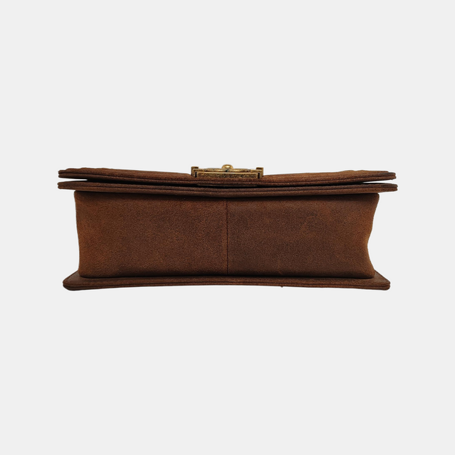 Chanel Le Boy Medium Dark Green Calfskin Brown Suede Leather Bag Gold Hardware