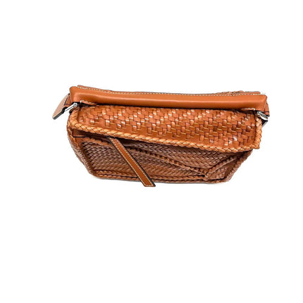 Loewe Puzzle Small Leather Woven Braided Tan Brown Crossbody Bag