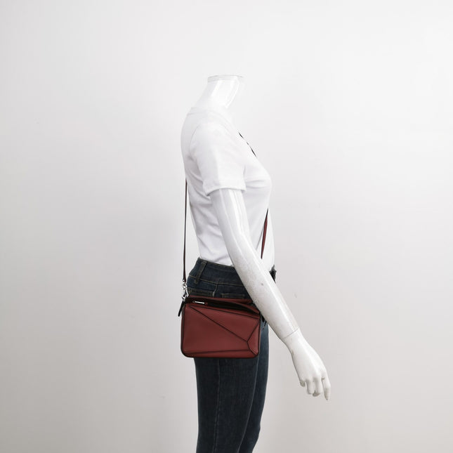 Sold Loewe Puzzle Mini Burgundy Calfskin Leather Crossbody Bag