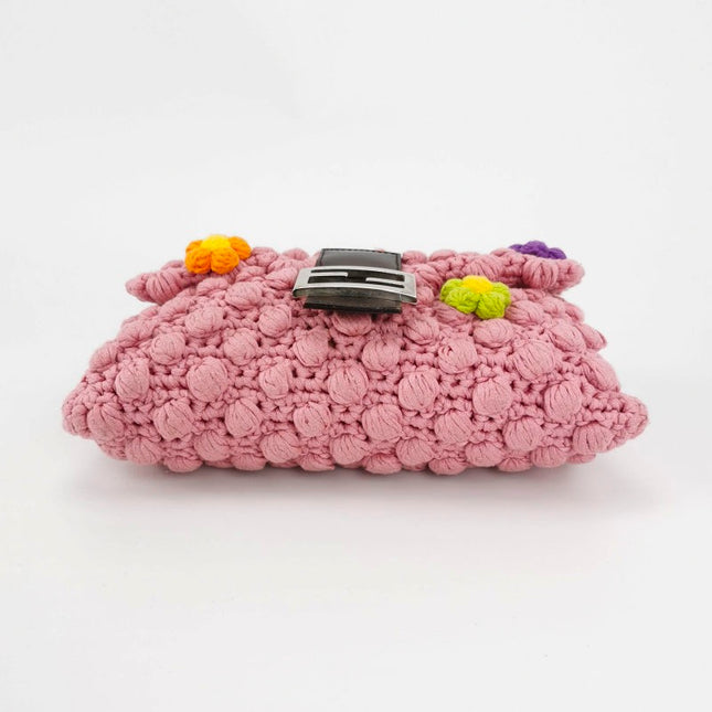 Fendi Baguette Bag Pink Crochet Knit Wool Pompom and Flowers Shoulder Bag