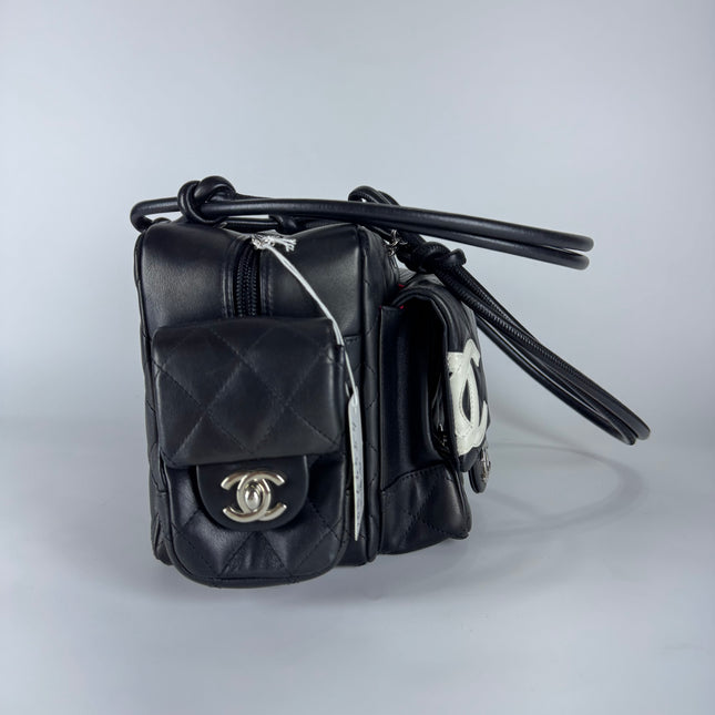 Chanel Cambon Multi-pocket Ligne Reporter Bag Medium Black Calfskin Leather White Logo