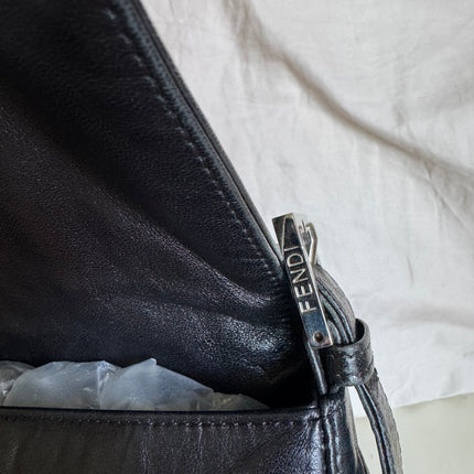 Fendi Mamma Baguette Black Lambskin Leather Green Enamel Buckle