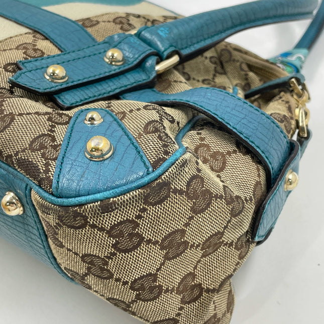 Gucci Horsebit Boston Bowling Handbag Monogram Canvas Blue Leather
