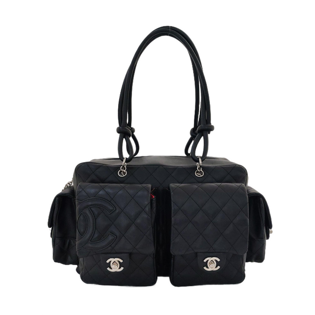 Chanel Cambon Multi-pocket Ligne Reporter Bag Large Black CC on Black Calfskin Leather