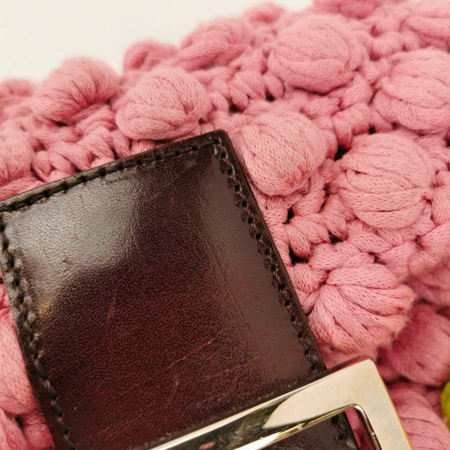 Fendi Baguette Bag Pink Crochet Knit Wool Pompom and Flowers Shoulder Bag