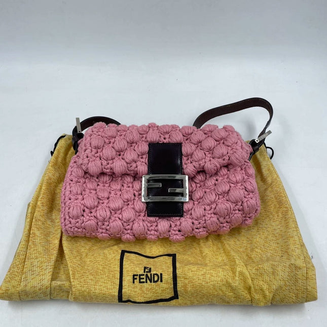 Sold Fendi Baguette Bag Pink Crochet Knit Wool Pompom Shoulder Bag