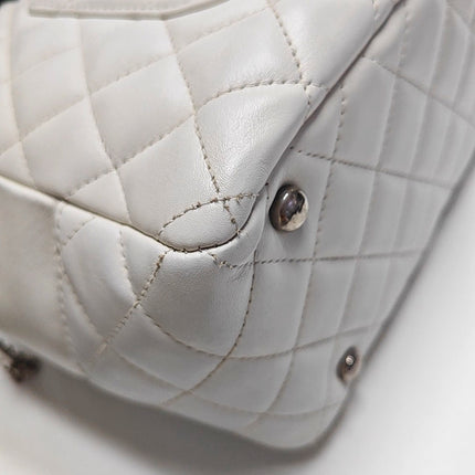 Chanel Cambon Medium Shoulder Bag White Calfskin Leather Snake-skin CC Logo Black Double Strap