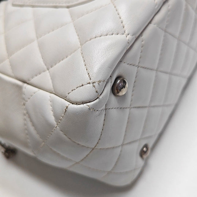 Chanel Cambon Medium Shoulder Bag White Calfskin Leather Snake-skin CC Logo Black Double Strap