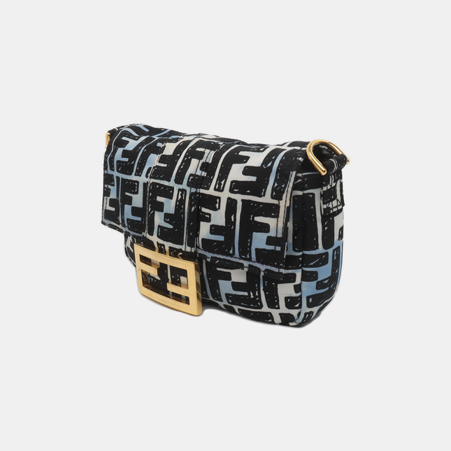 Fendi Baguette Mini Blue Black Zucca Nylon Gold Hardware Two-way Carry Bag