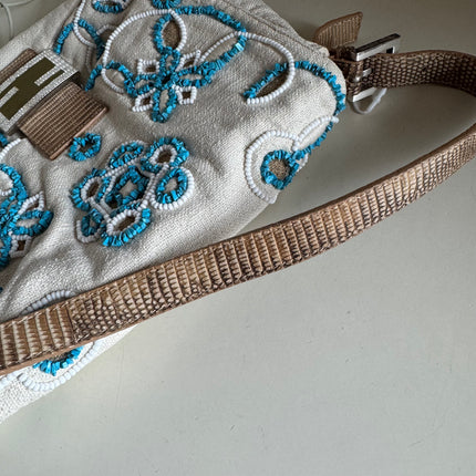 Fendi Mamma Baguette Needlepoint White Canvas and Blue and White Stones Embroidery