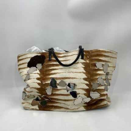 Fendi Brown and White Zebra Print Ponyhair Tote with Metal Plates