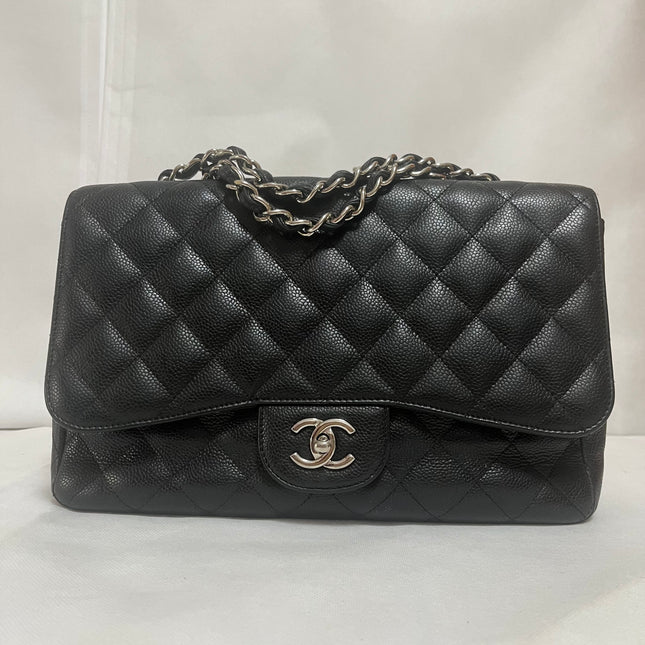 Chanel Classic Flap Jumbo 2009 Black Caviar Leather Single Flap Silver Hardware