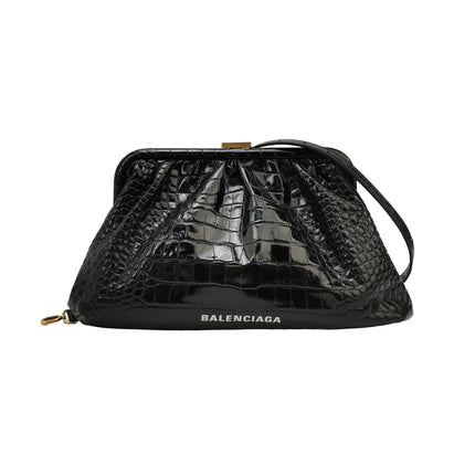 Balenciaga Pouch Black Crocodile Pattern Shiny Calfskin Leather With Strap