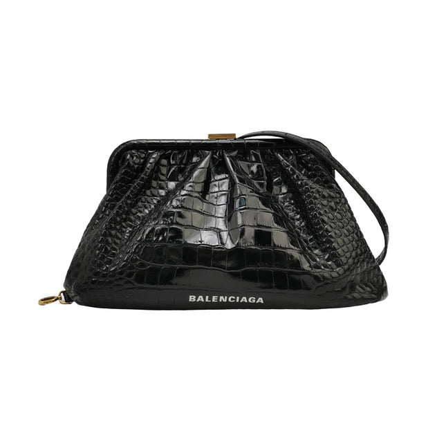 Balenciaga Pouch Black Crocodile Pattern Shiny Calfskin Leather With Strap