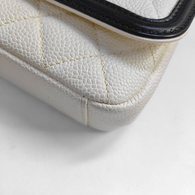 Chanel Filigree Flap Bag Caviar Leather Small White with Black Trim