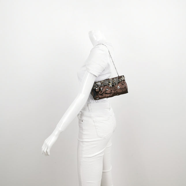 Valentino Flower And Crystal Embellished Metallic Copper Lambskin Leather Clutch