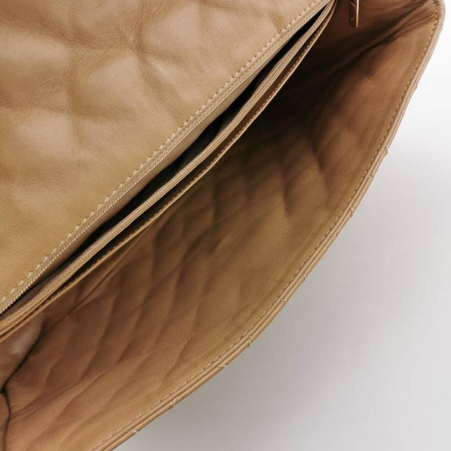 Chanel Classic Flap Maxi Beige Latte Lambskin Leather Giant Gold-tone CC Logo