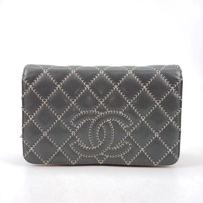 Sold Chanel Wild Stitch Flap Wallet on Chain WOC Grey and Pink Leather-Luxbags