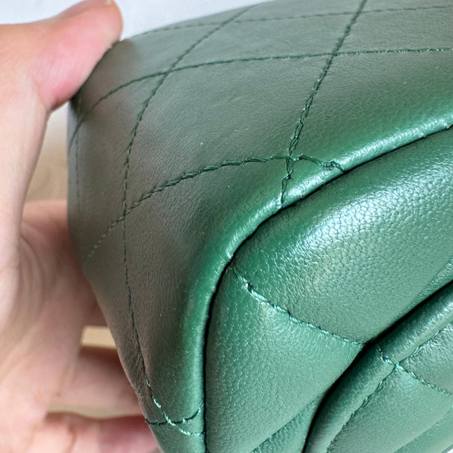 Chanel Classic Flap Mini Square Dark Green Lambskin Crossbody Bag Full Set, 2019