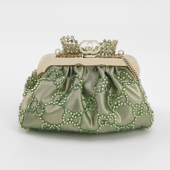 Gucci Mini Crystal Monogram and Bow Green Nylon Clutch With Chain