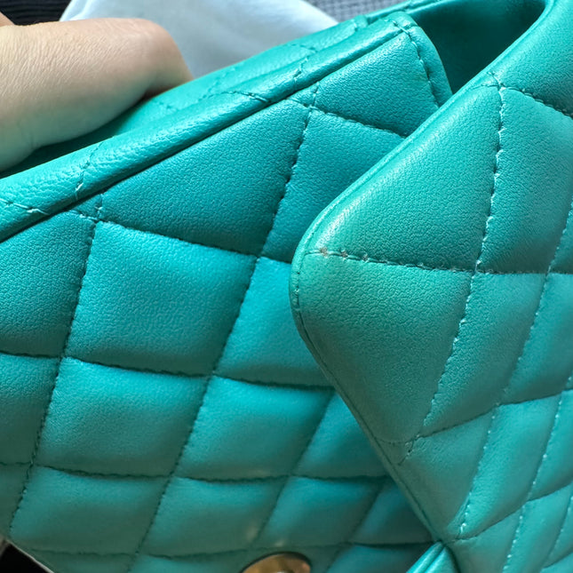 Chanel Classic Flap Mini 2018 Turquoise Blue Green Lambskin Leather Gold Hardware