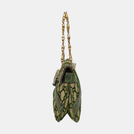 Gucci Jeweled Dragon Bag Green Crocodile and GG Velvet Bamboo Chain Strap Shoulder Bag