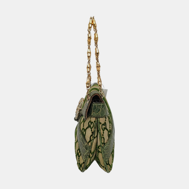 Gucci Jeweled Dragon Bag Green Crocodile and GG Velvet Bamboo Chain Strap Shoulder Bag