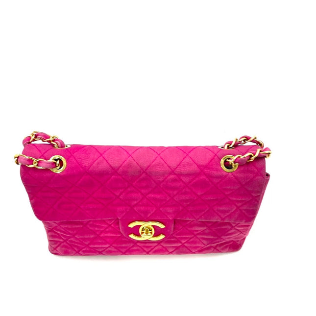 Chanel RARE Vintage Classic Maxi 34 Flap Hot Pink Denim Giant CC 24 Gold Hardware