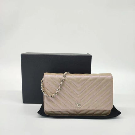 Sold Chanel WOC Wallet on Chain Chevron Champagne Iridescent Leather Bag-Luxbags