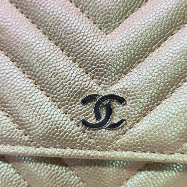 Sold Chanel WOC Wallet on Chain Chevron Champagne Iridescent Leather Bag