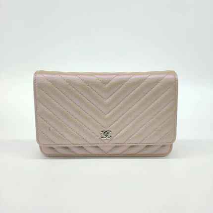 Sold Chanel WOC Wallet on Chain Chevron Champagne Iridescent Leather Bag