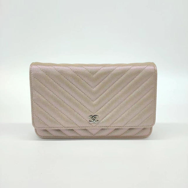 Sold Chanel WOC Wallet on Chain Chevron Champagne Iridescent Leather Bag