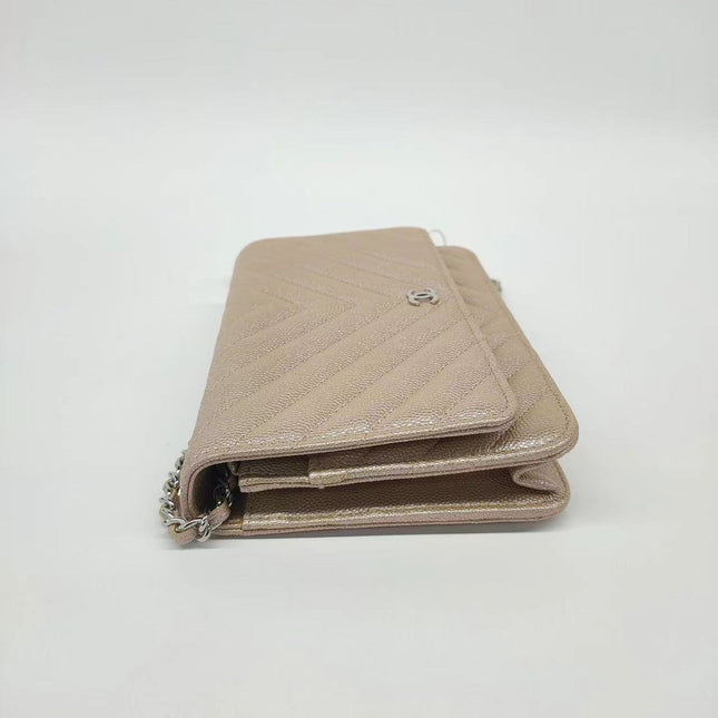 Sold Chanel WOC Wallet on Chain Chevron Champagne Iridescent Leather Bag