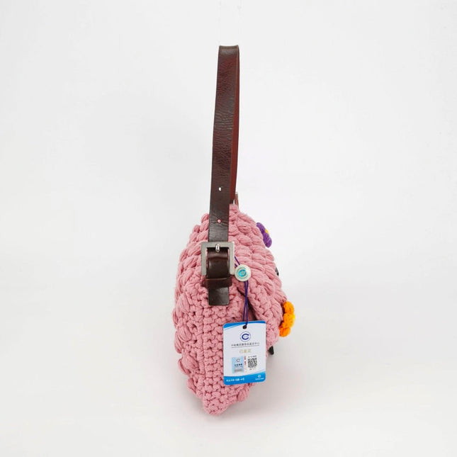 Fendi Baguette Bag Pink Crochet Knit Wool Pompom and Flowers Shoulder Bag