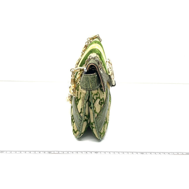 Gucci Jeweled Dragon Bag Green Crocodile and GG Velvet Bamboo Chain Strap Shoulder Bag