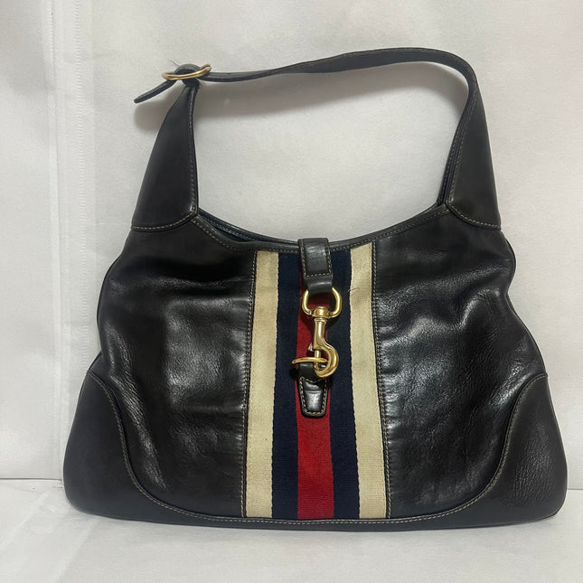 Gucci Jackie Vintage Bouvier Hobo Black Leather with Web Accent-Luxbags