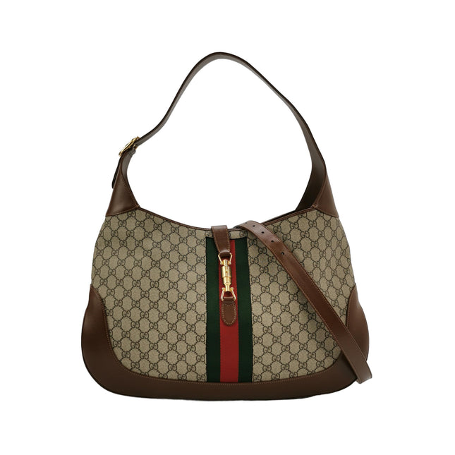 Gucci Jackie 1961 Large Brown Leather and Monogram Web with Long Strap-Luxbags