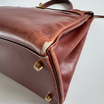 Hermes Kelly 35 Vintage Brown Box Calfskin Leather Gold Hardware 1995 With Strap Lock Key n Clochette