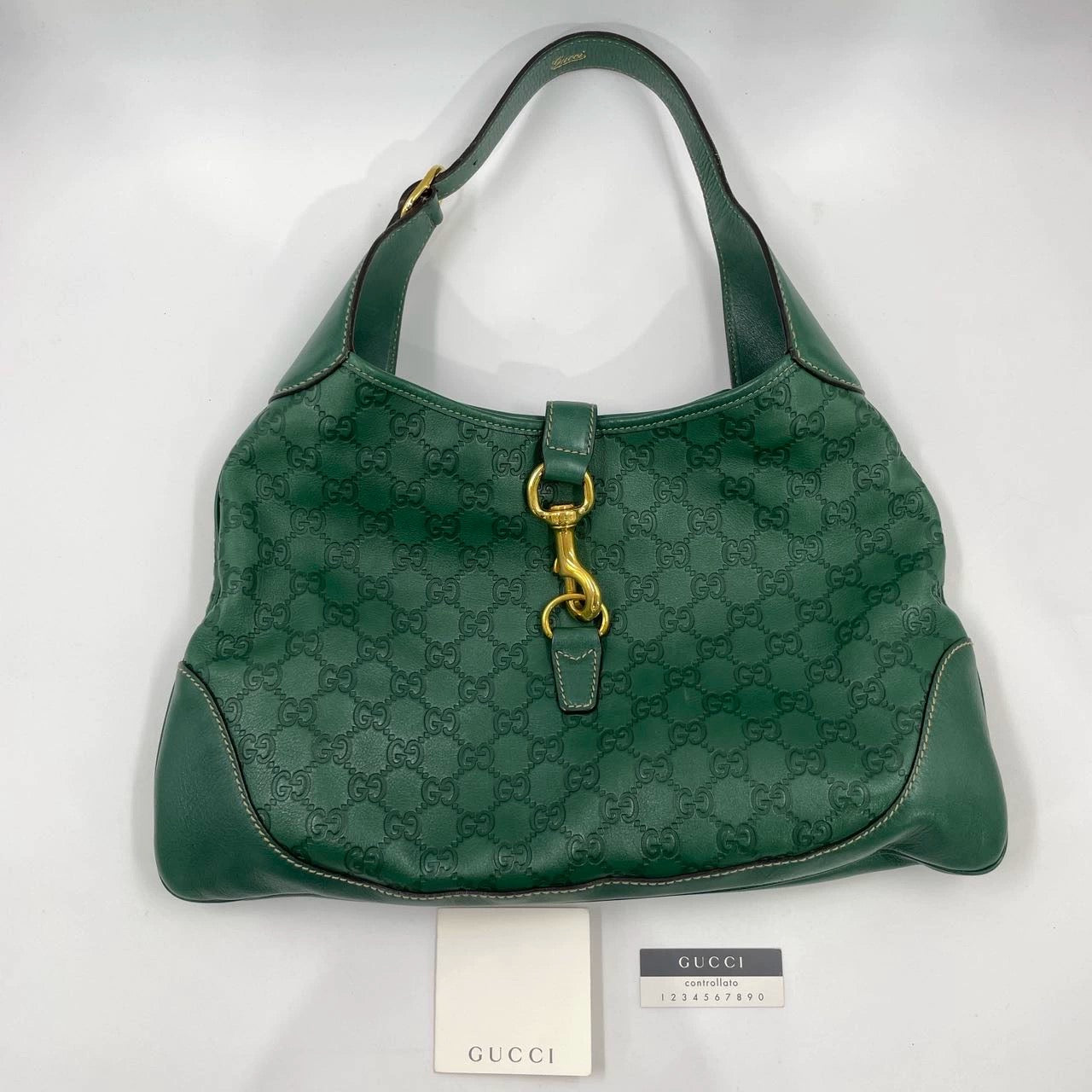 Gucci Jackie Vintage Leather Medium Handbag Green Gucci Monogram