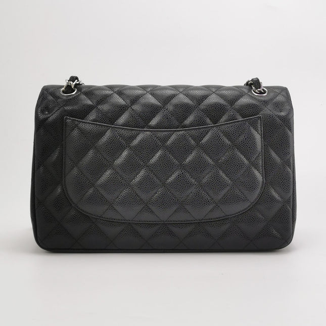 Chanel Classic Flap Jumbo Black Caviar Leather Double Flap Silver Hardware