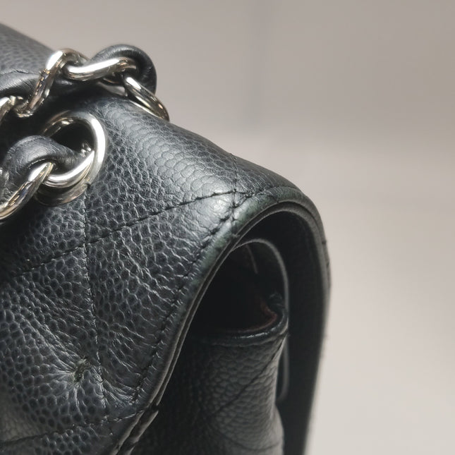 Chanel Classic Flap Maxi Black Caviar Leather Double Flap Sliver Hardware