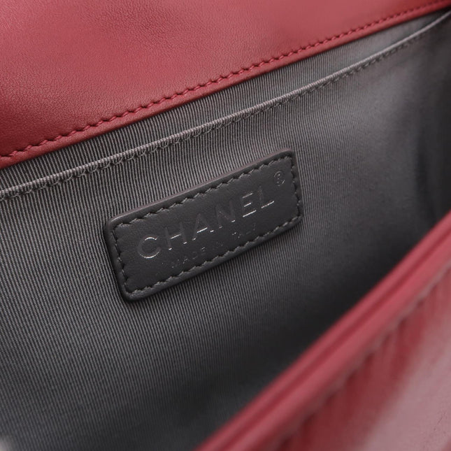 Chanel Le Boy Medium Bag Burgundy Lambskin Leather Silver Antiqued Hardware