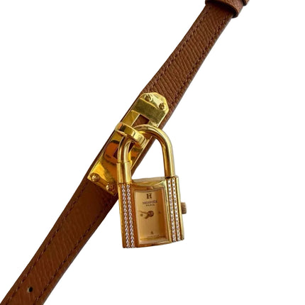 Hermes Kelly Padlock Gold Watch with Diamonds Brown Leather Strap-Luxbags