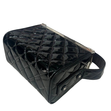 Chanel Vanity Case Vintage Black Patent Leather Silver Clasp Hardware