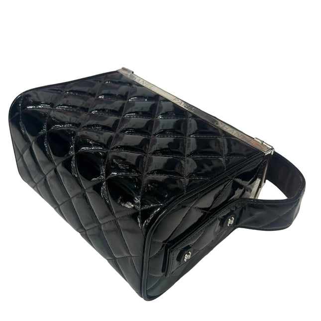 Chanel Vanity Case Vintage Black Patent Leather Silver Clasp Hardware