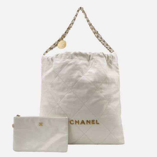 Chanel 22 Hobo Bag Medium Shiny Calfskin Leather White with Gold-tone Hardware-Luxbags