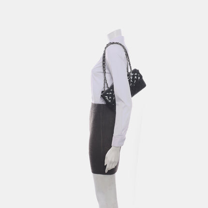 Chanel Baguette Flap Shoulder Bag Black Patent Leather Silver Double Chain