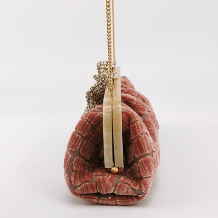 Gucci Crocodile-Pattern Pink Velvet Jacquard Medium Handbag Crystal Ribbon Chain Strap