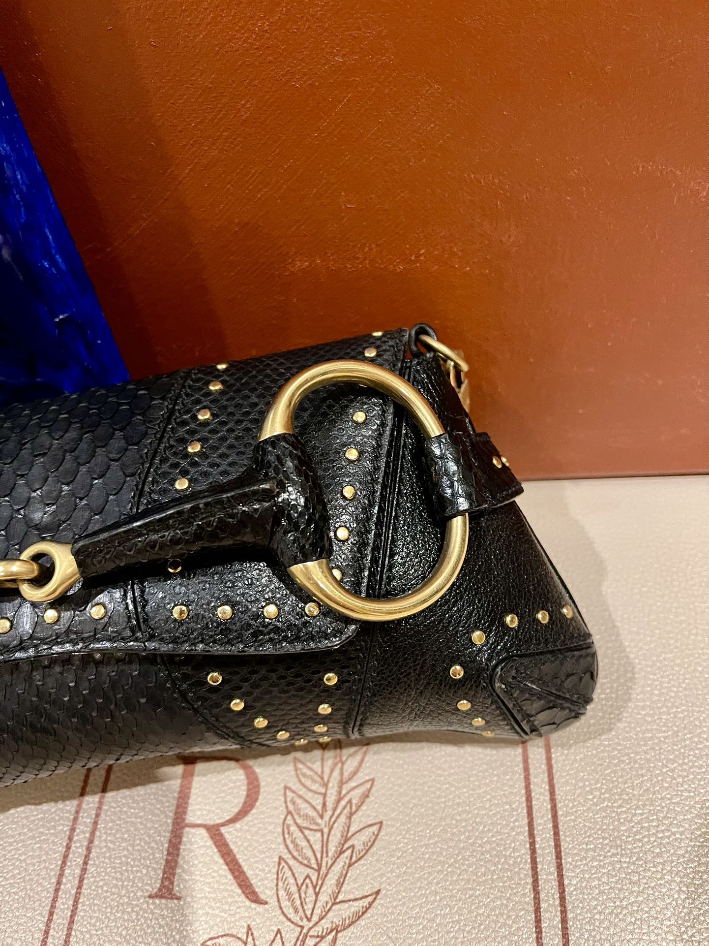 Gucci Horsebit 1955 Small Snake skin leather Black Gold Studded Shoulder Bag